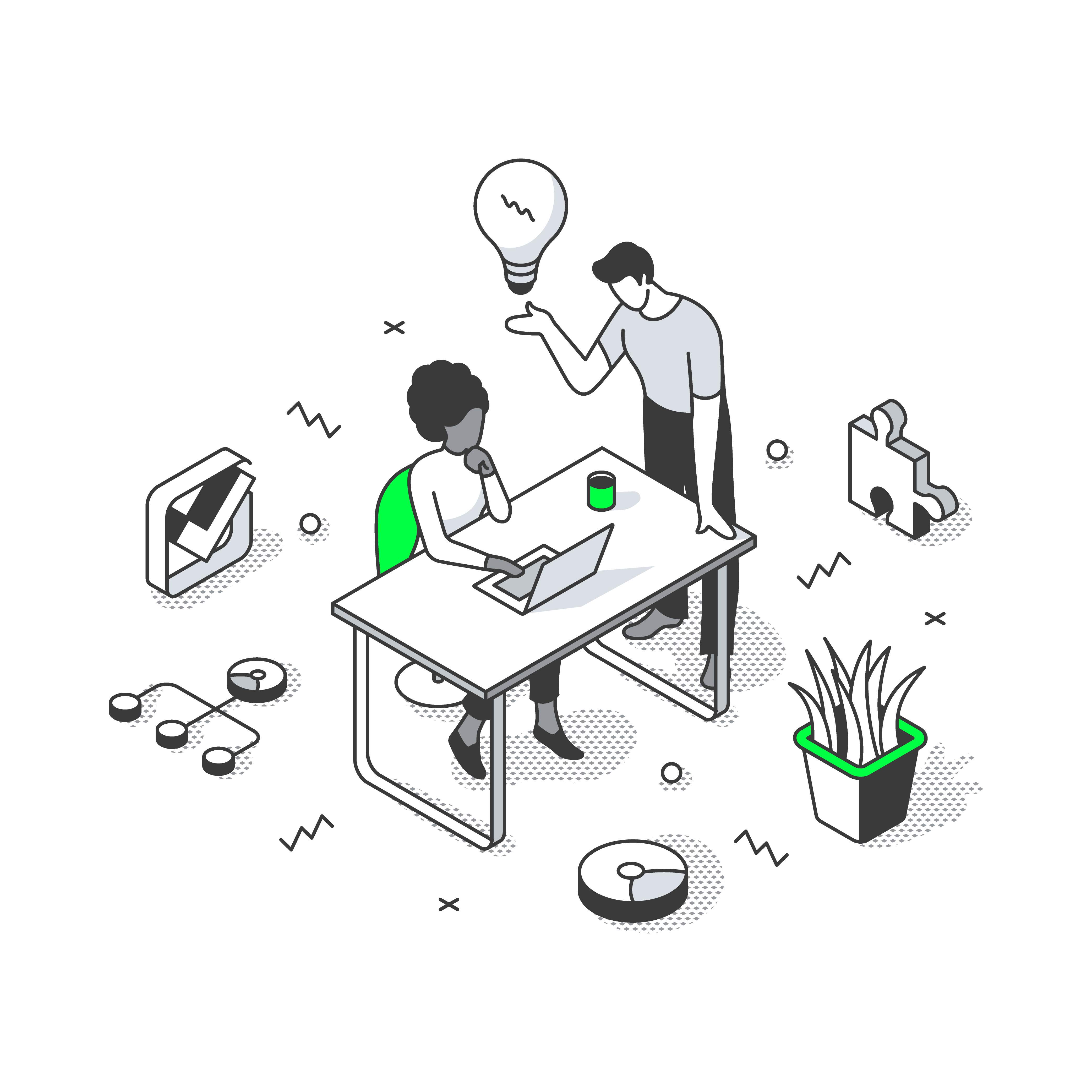 二人の人物がデジタル作業環境で協力する様子を描いた等角投影イラスト。机上で一人がラップトップを操作し、もう一人がアイデアの電球を提示している。